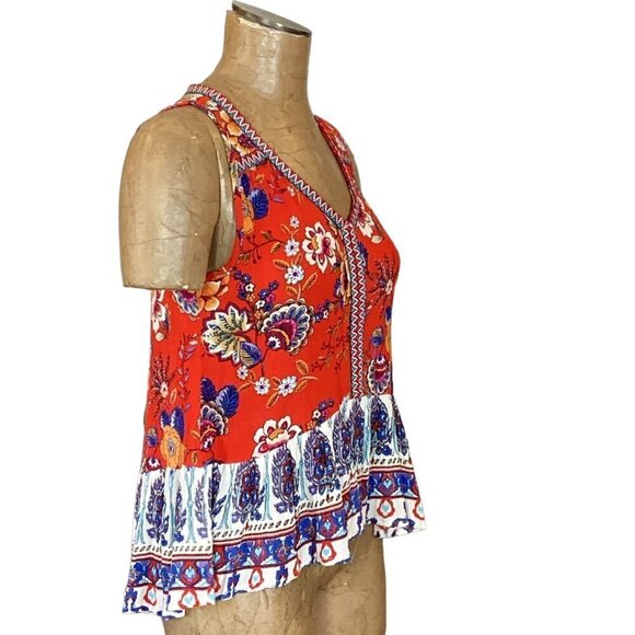Patrons of Peace BOHO Sleeveless Ruffle Hem Peplum Mixed Floral Top S Red #35M - Picture 4 of 9